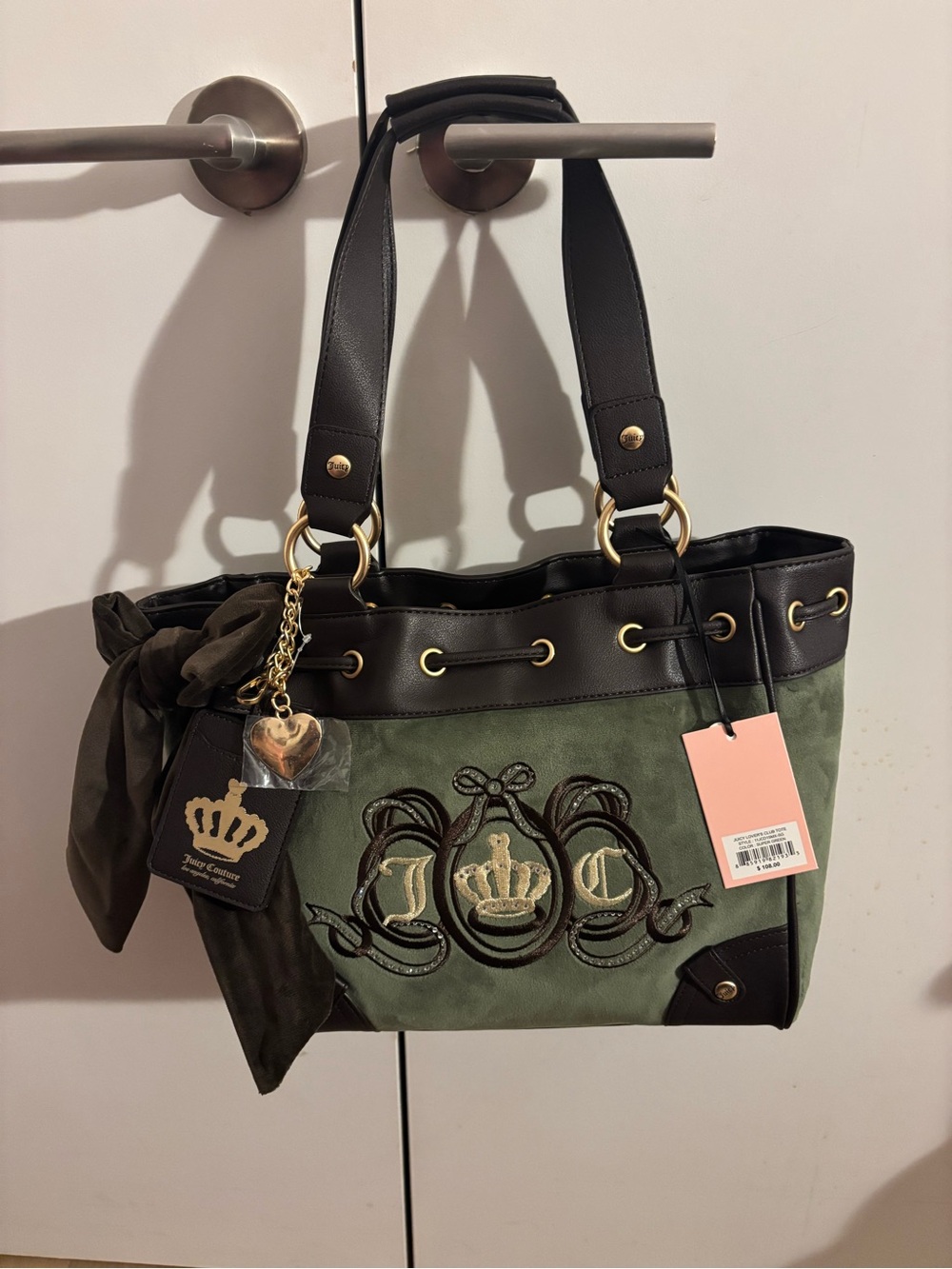 Juicy Couture lovers club tote in super Green, Tote Bag with brown trim